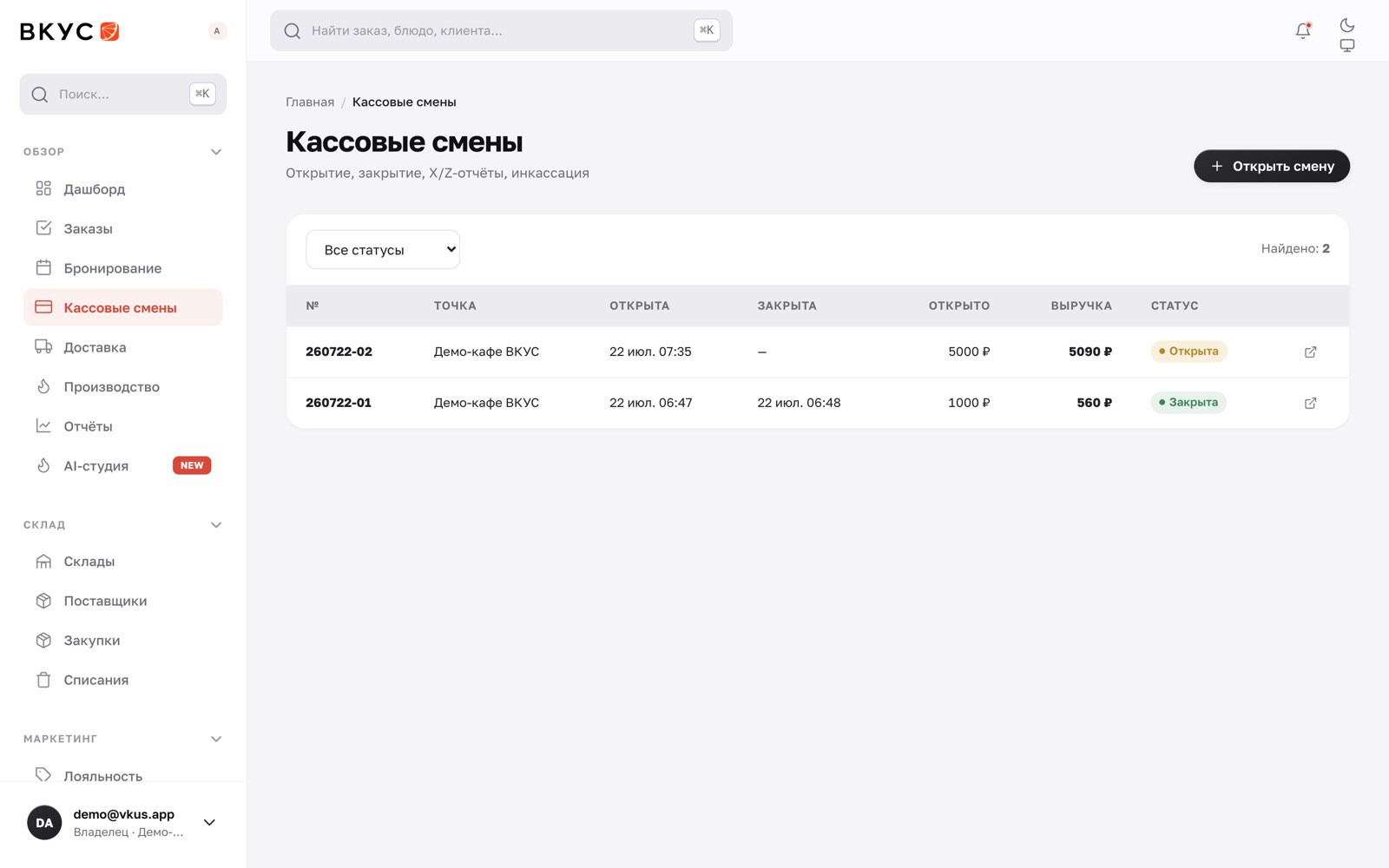 Кассовые смены: выручка, чаевые, расхождение