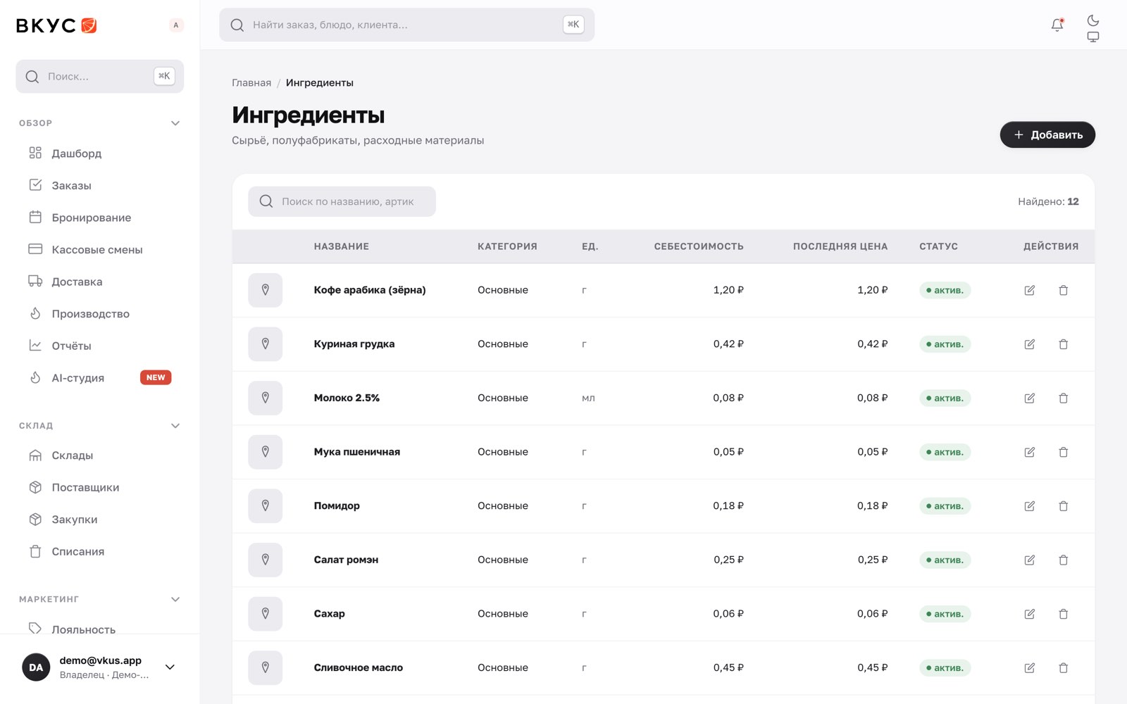 Ингредиенты: единица учёта, последняя цена и себестоимость