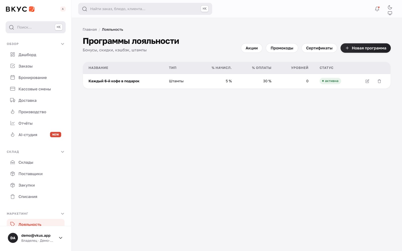Программа «Каждый 6-й кофе в подарок» с типом «Штампы»