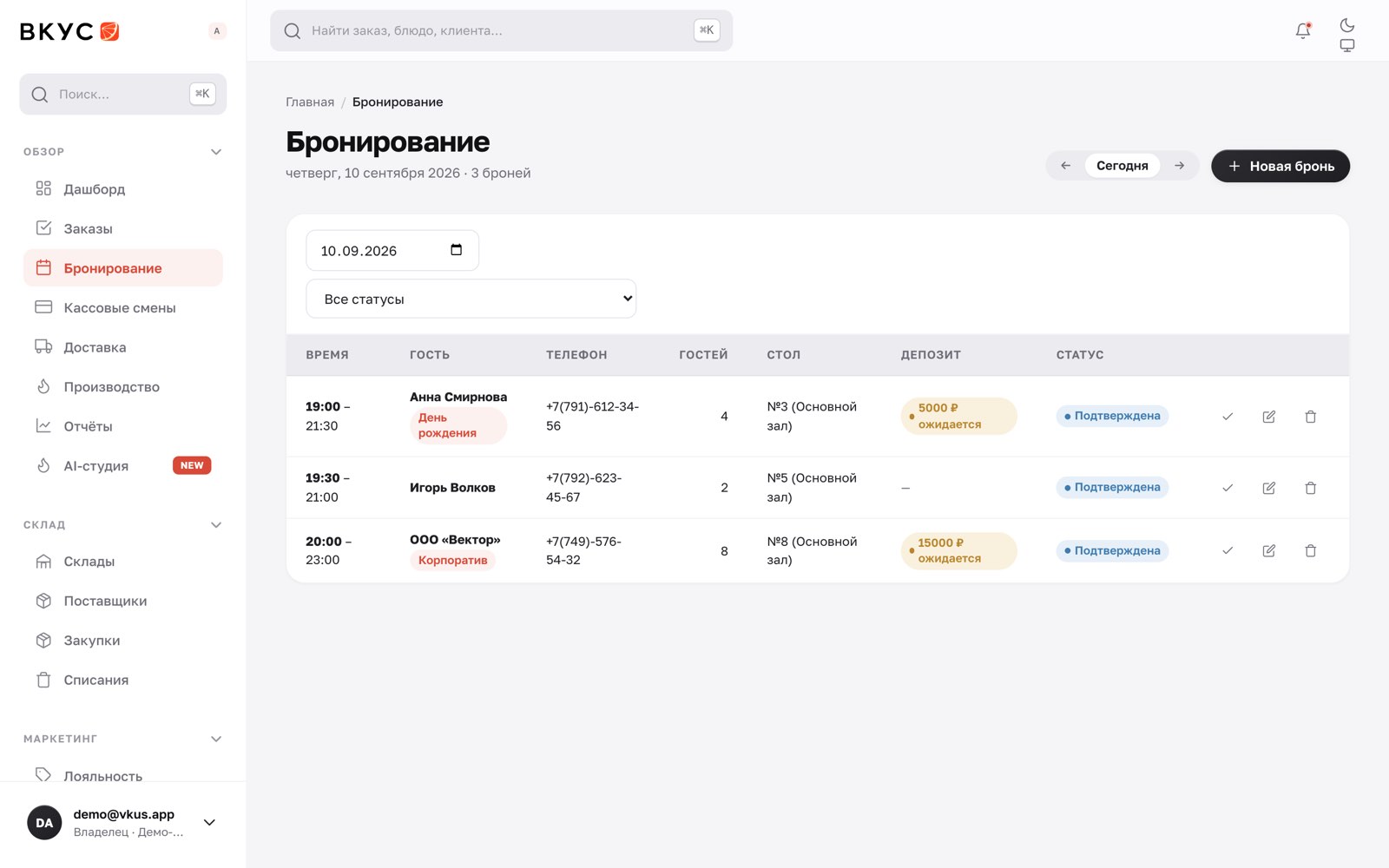 Брони на день: стол, время, гости, депозит и статус