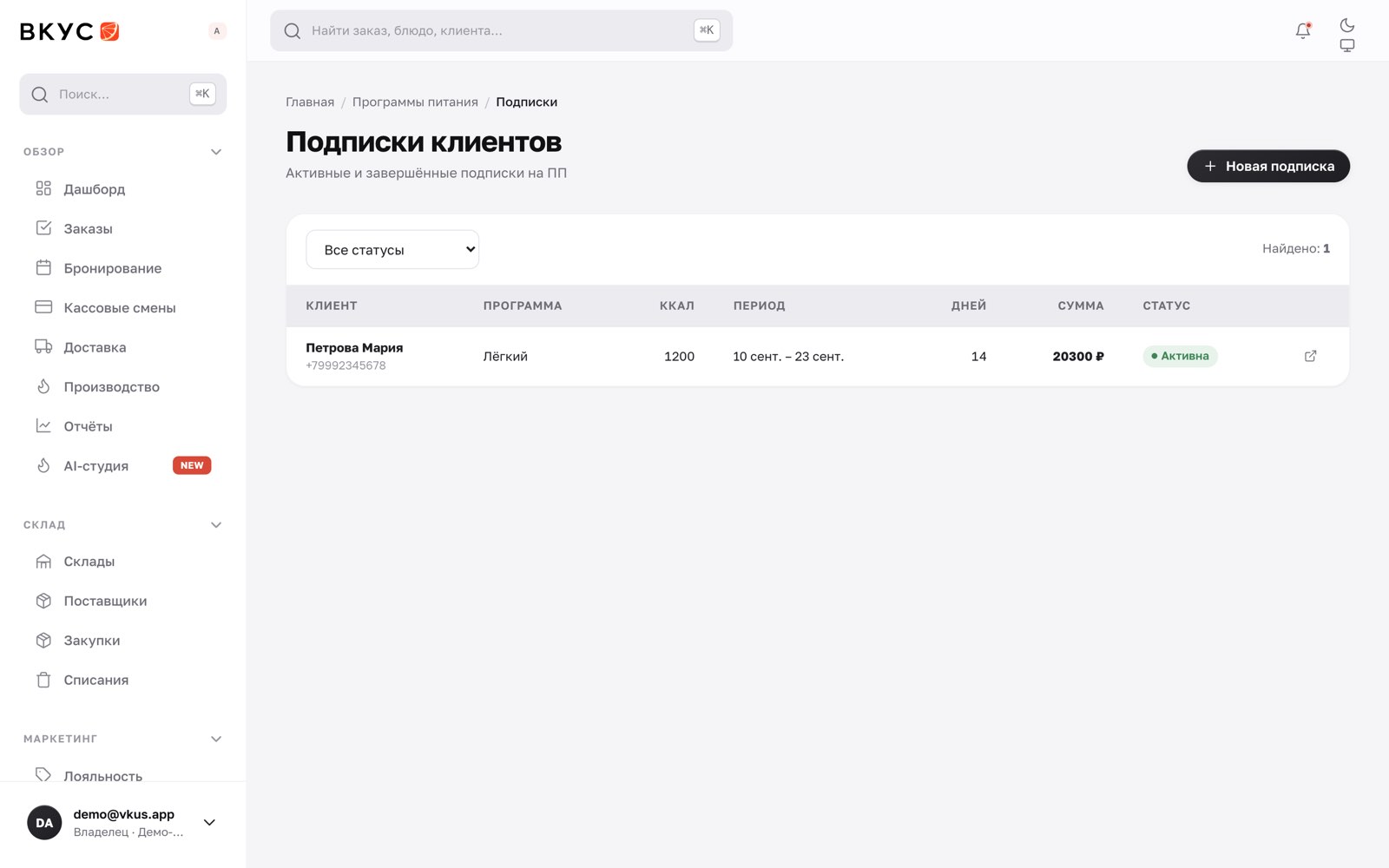 Подписки клиентов: программа, калорийность, период и сумма